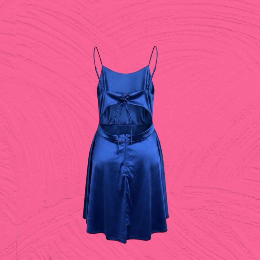 City Triangles Royal Blue Satin Mini Dress, Spaghetti Strap, V Neck
